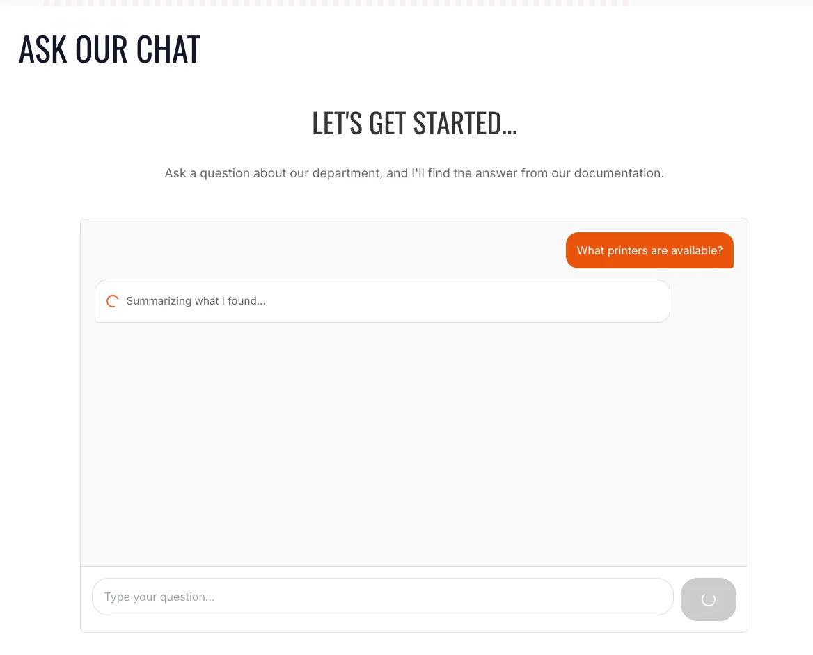 Ask-our-chat interface with a user question in flight and a summarizing indicator showing