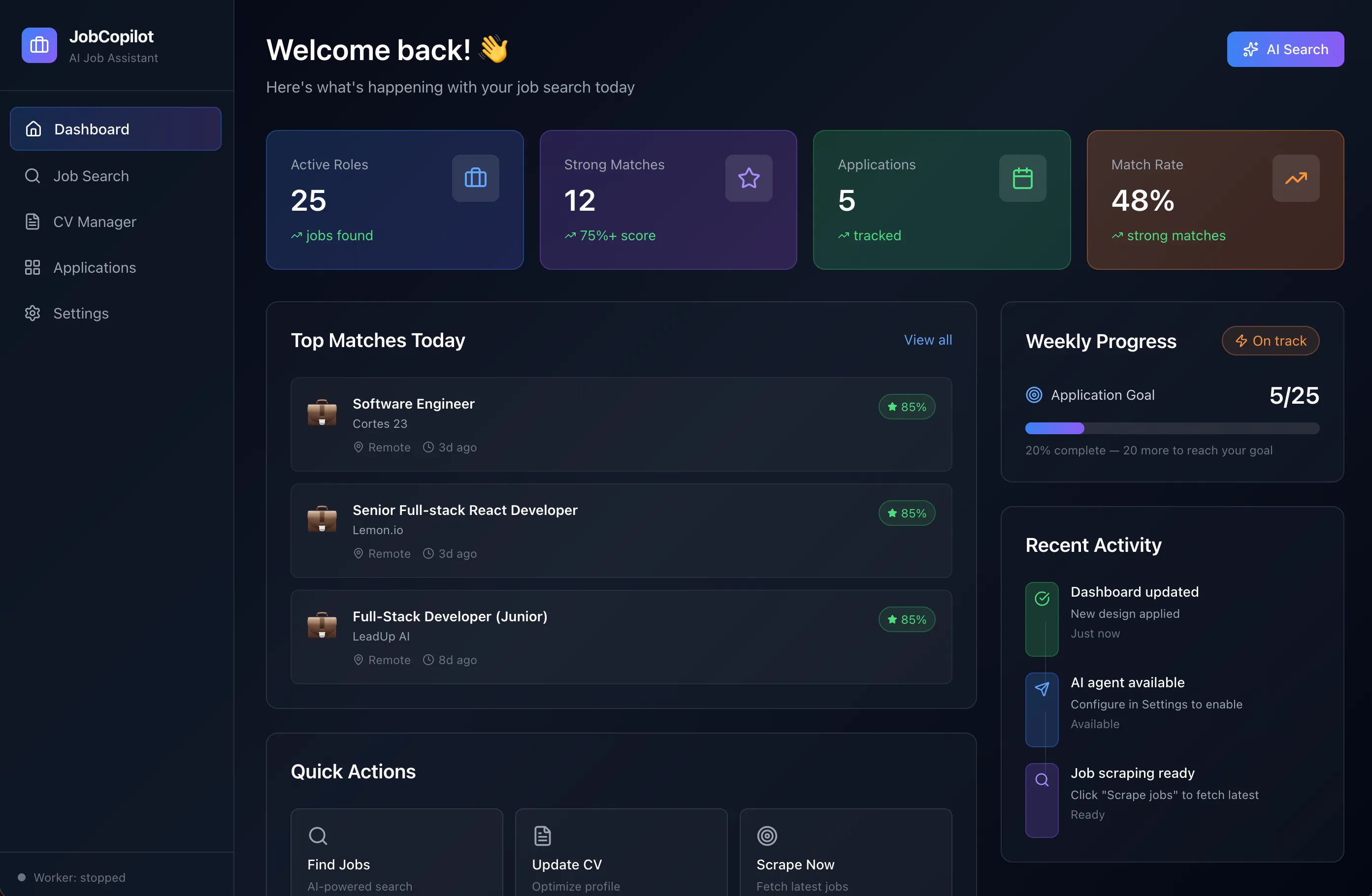 JobCopilot dashboard — active roles, strong matches, application stats, top matches today, weekly progress, and recent activity