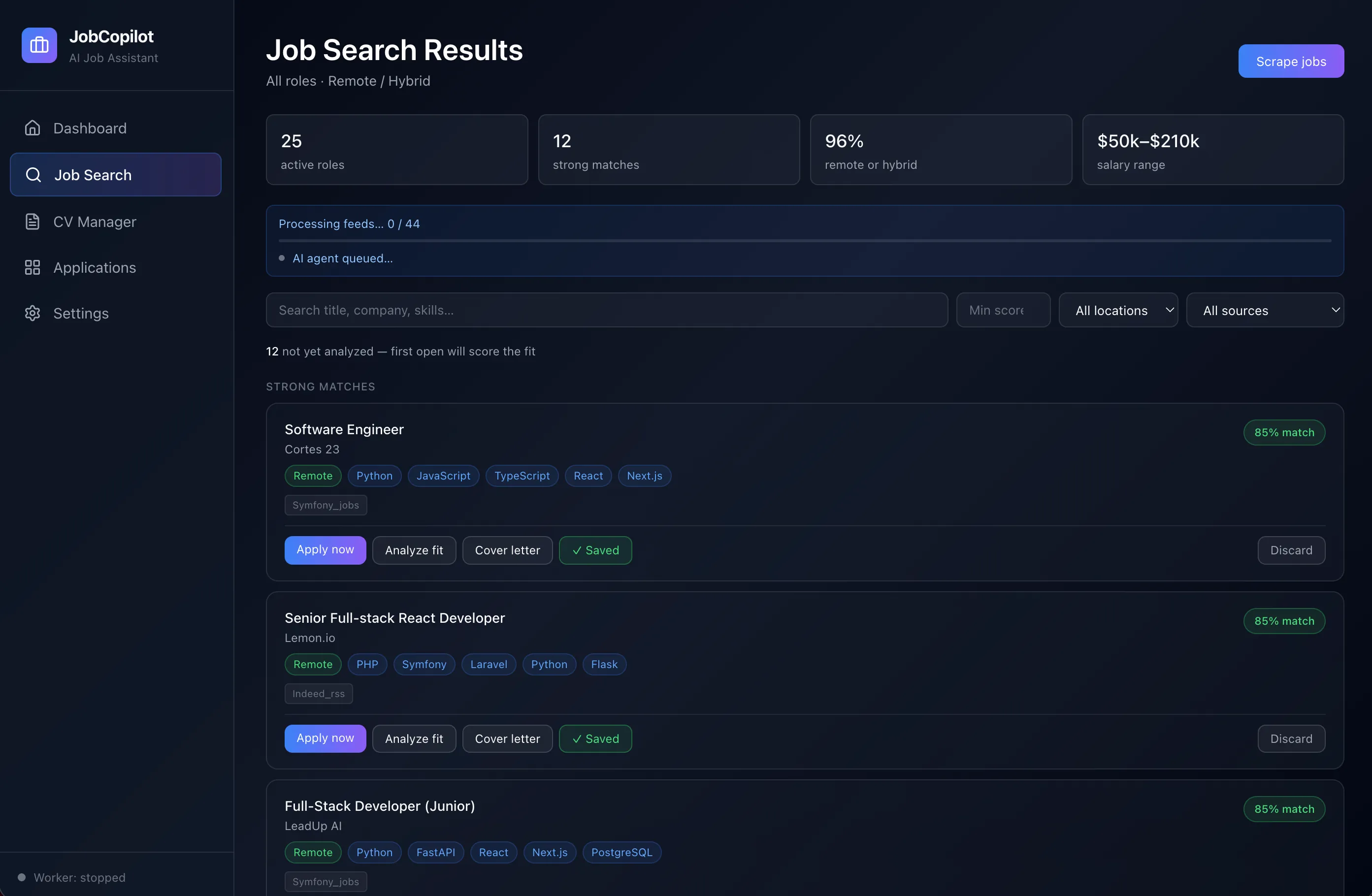 JobCopilot job search results — matched roles with skill tags, match scores, and Apply / Analyze fit / Cover letter actions