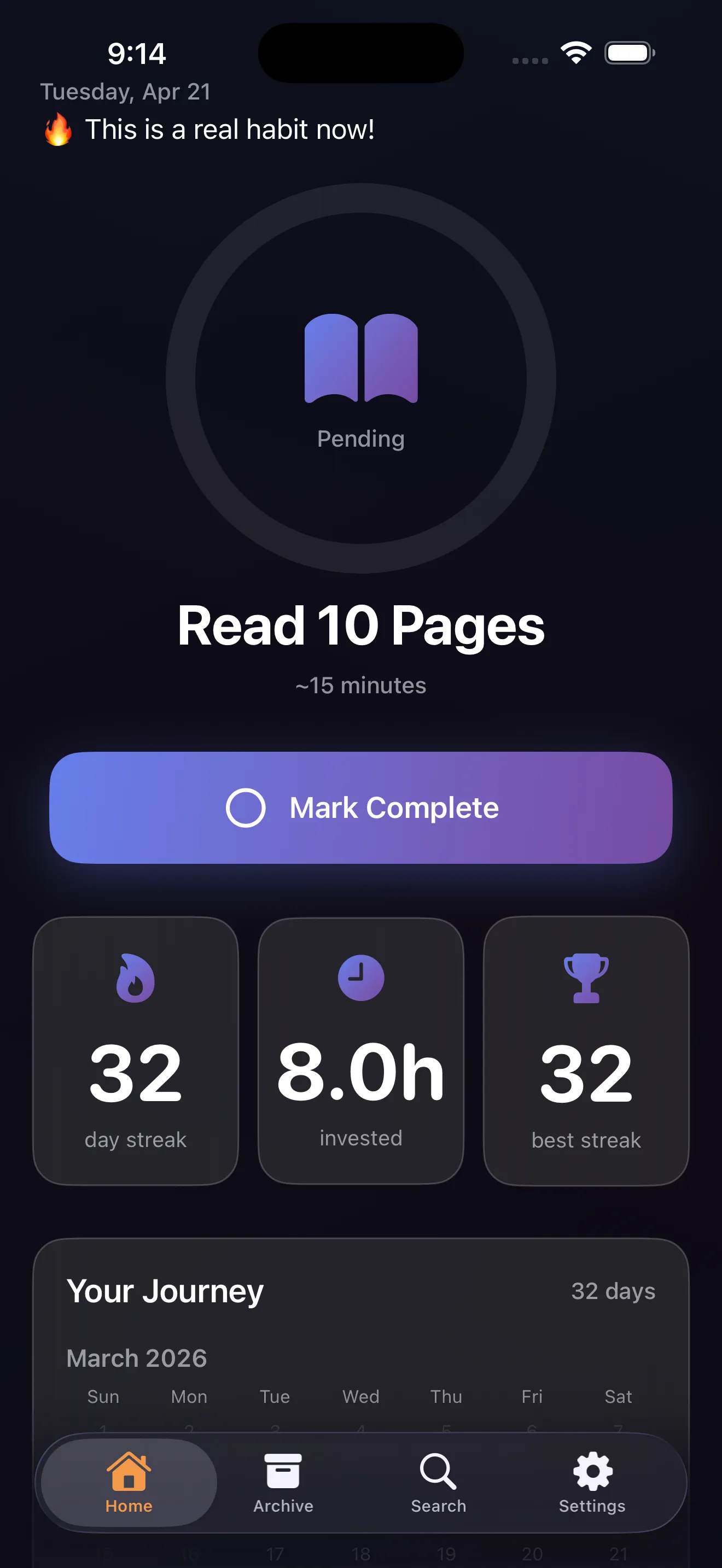 Micro-Habits home tab — active habit with streak stats and journey calendar