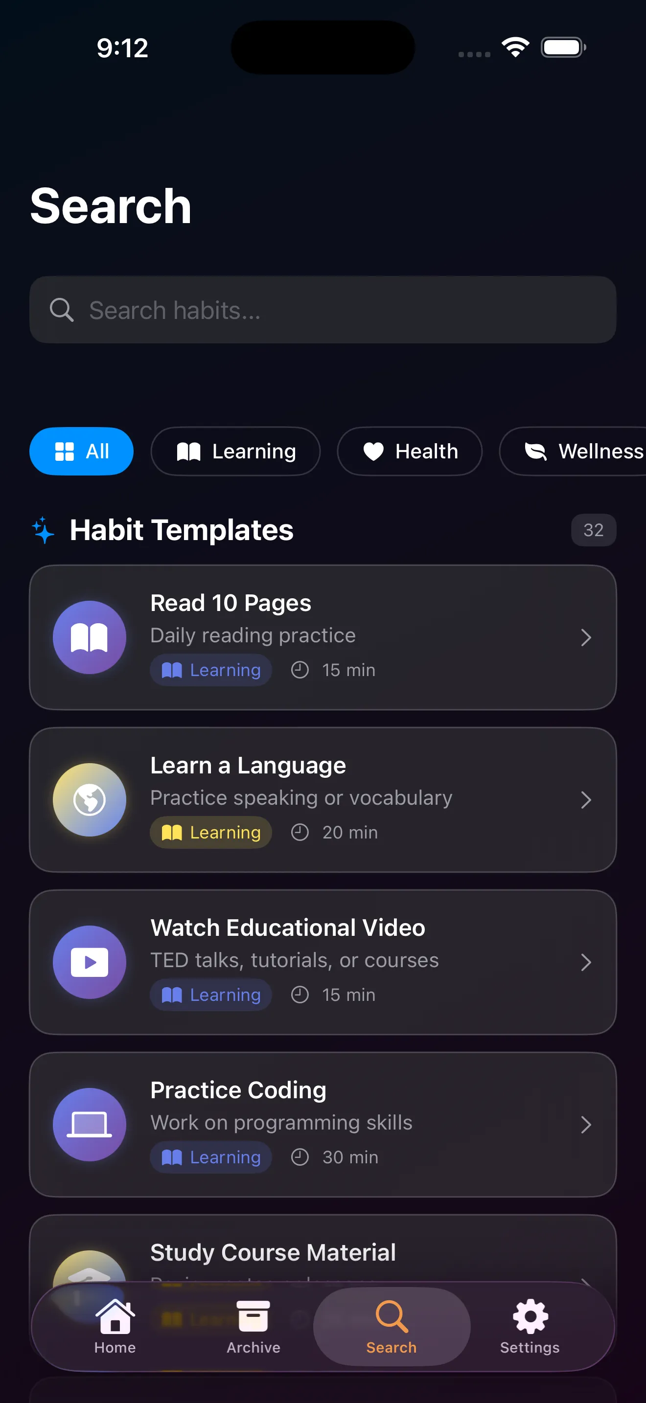 Micro-Habits search tab — browsing habit templates in dark mode