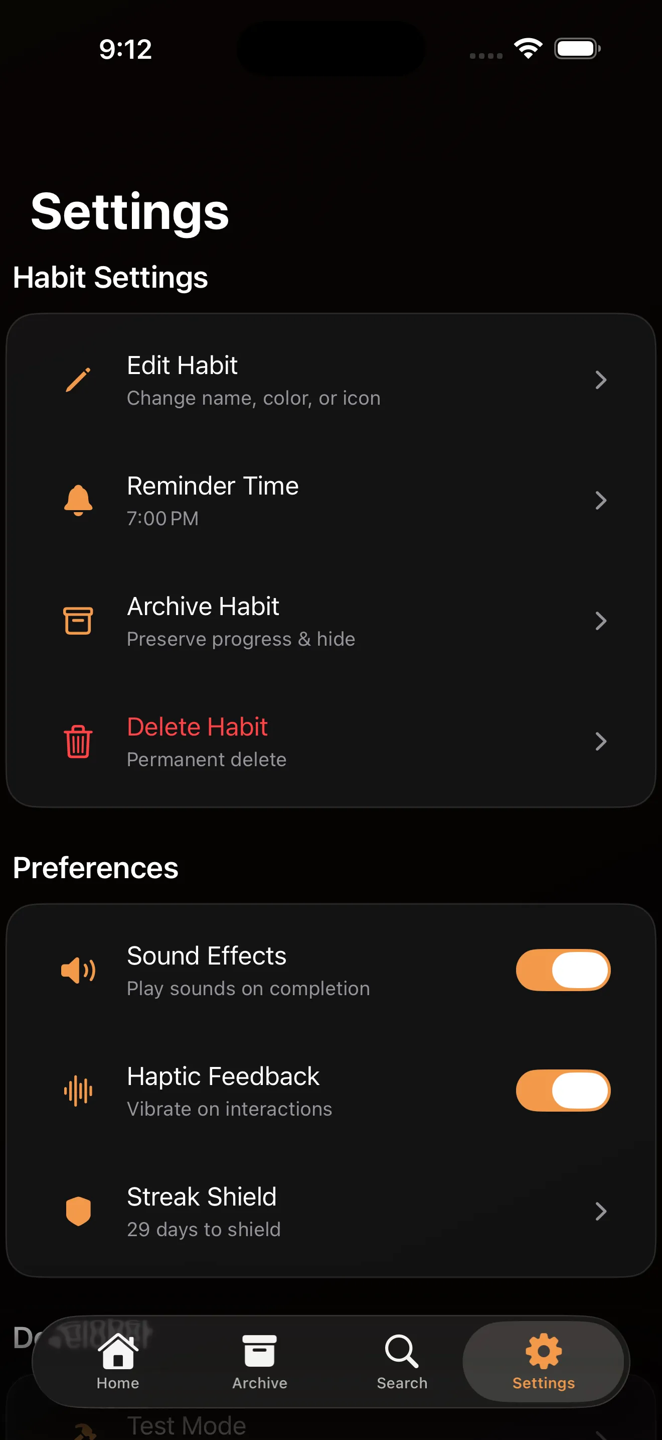 Micro-Habits settings — habit edit options and global preferences